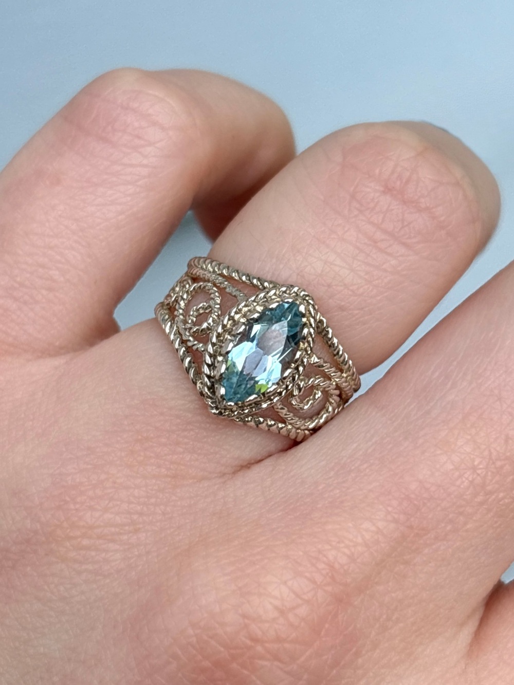 Sterling Silver Blue Topaz Vintage Natural Gemstone Filigree Ring